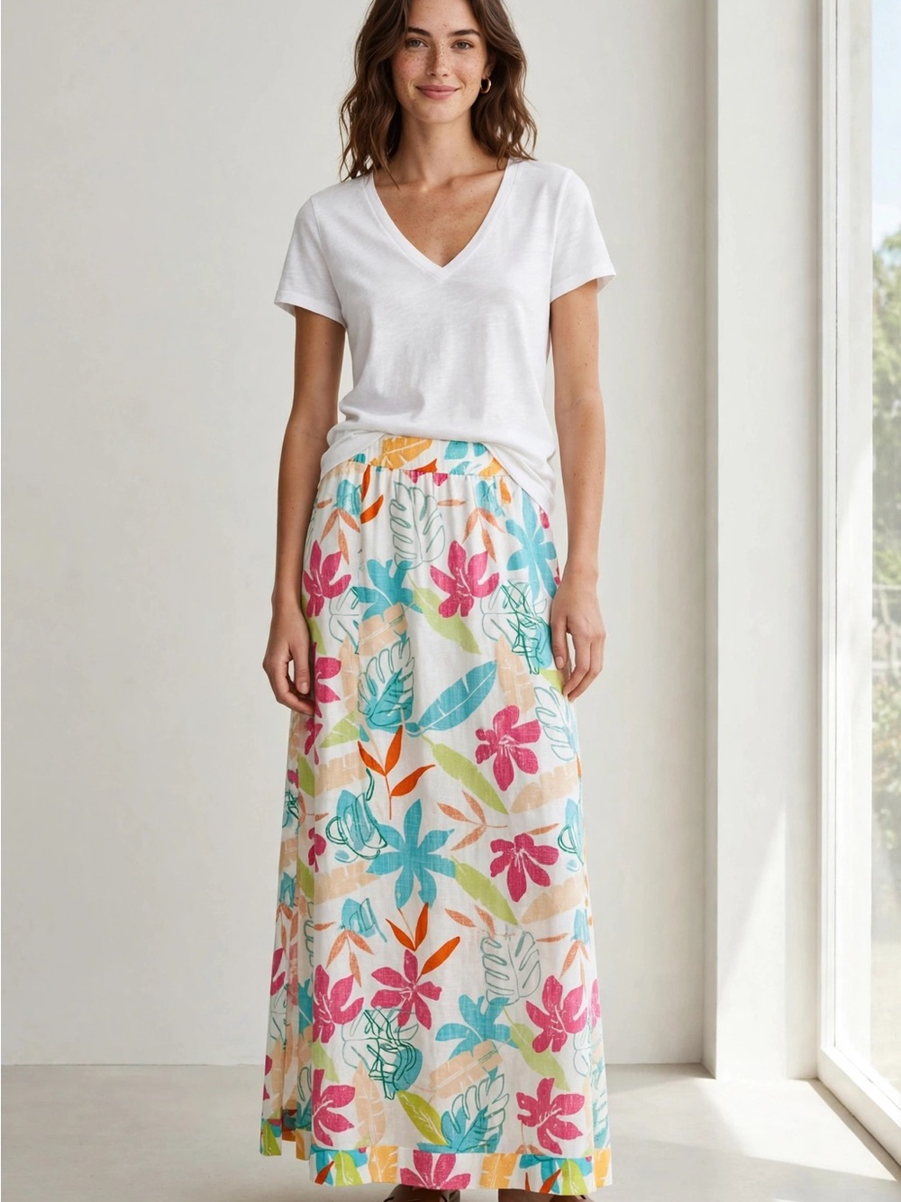 Hot Cotton 100% linen Tropical Print Maxi skirt size small. Beach Vacation